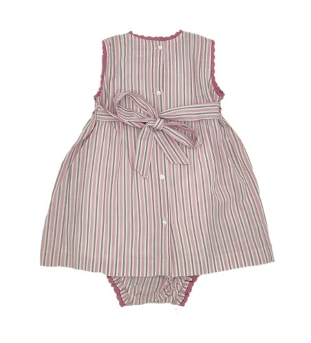 VESTIDO NIÑA SIN MANGA BORDADO RAYAS ROSA / TOPO