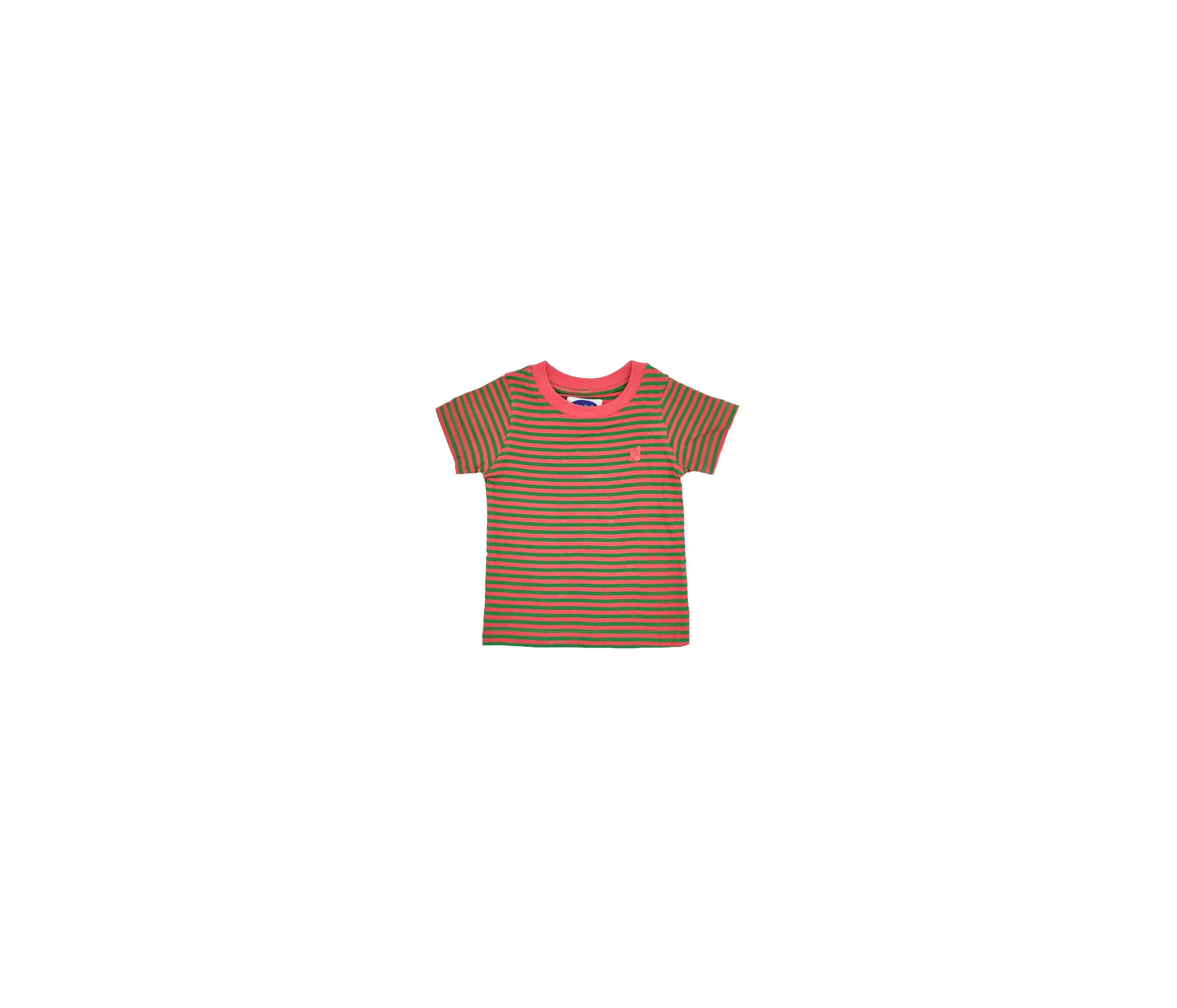 CAMISETA NIÑO BASICA PRINT  RAYAS VERDE/CORAL
