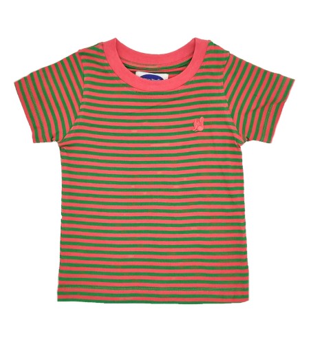 CAMISETA NIÑO BASICA PRINT  RAYAS VERDE/CORAL